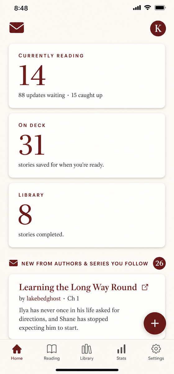 WIP Inbox mobile dashboard showing Currently Reading, On Deck, Library counts, and new author updates